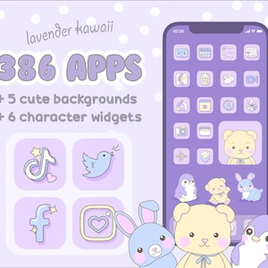 Peut inclure: Illustration numérique d'un smartphone avec une interface violette, présentant des icônes d'applications et des widgets de personnages. L'image comprend le texte "lavender kawaii" et "386 APPS". Des personnages d'animaux mignons comme un ours, un pingouin et un lapin sont également présents.