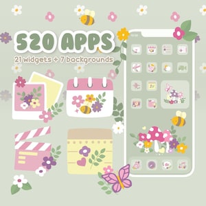 May include: A set of 21 phone widgets and 7 backgrounds with a floral and bee theme. The widgets are in a variety of shapes and sizes, and feature images of flowers, bees, and mushrooms. The backgrounds are all pastel colours and feature floral patterns.