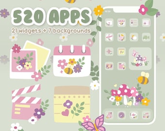 Icon Pack Cute Kawaii Aesthetic - Green Garden - Green Pink Flowers - Hand Drawn Apps with Widgets, Backgrounds for iOS26 iPhone & Android