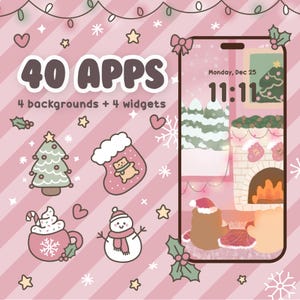Op de afbeelding: Een roze en wit telefoonscherm met een winterthema. Het scherm toont een open haard met een kerstboom en een klok die 11:11 aangeeft. De tekst "40 APPS" en "4 achtergronden + 4 widgets" wordt op het scherm weergegeven.