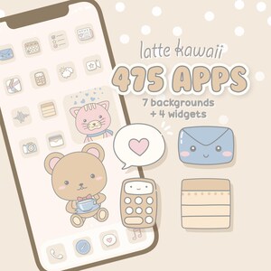 May include: A phone screen showcases a set of pastel-coloured app icons with a kawaii theme. Text reads "latte kawaii", "475 APPS", and "7 backgrounds + 4 widgets". Icons include a bear, cat, envelope, calculator, and other charming designs.