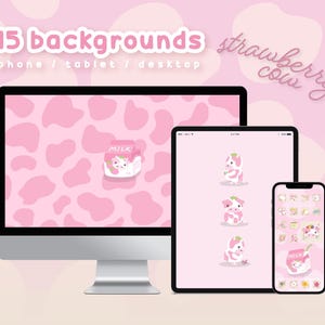 May include: 15 pink and white backgrounds featuring a cartoon strawberry cow with a milk carton. The backgrounds are for phone, tablet, and desktop.