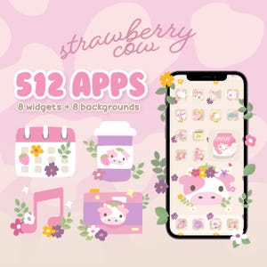 May include: A digital phone theme with a strawberry cow design. The image shows a phone with custom app icons, along with matching widgets and backgrounds. Additional elements include a calendar, coffee cup, camera, and musical note, all with the same theme.