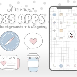 Może przedstawiać: Cyfrowa ilustracja smartfona z tłem w kratkę i ikonami aplikacji. Obraz zawiera kompas, dymek z sercem, gazetę i filiżankę kawy. Tekst brzmi "white kawaii 485 APPS, 6 backgrounds + 6 widgets."