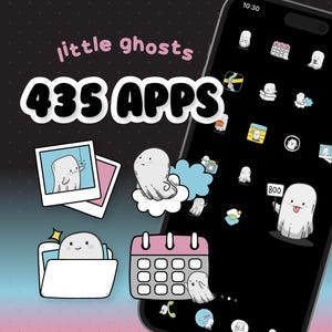 Puede incluir: Una pantalla de teléfono inteligente negra con un fondo blanco y el texto "little ghosts 435 APPS" en la parte superior. La pantalla está llena de varios iconos con temática de fantasmas, incluido un calendario, una carpeta, una nube y un fantasma que sostiene un cartel que dice "BOO".