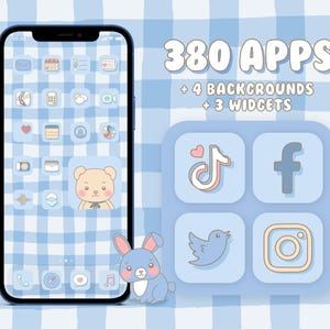 Ikonpaket med söta kawaii-estetiska ikoner - ljusblå - handritade klotterappar med widgets och bakgrunder för iOS26, iPhone och Android