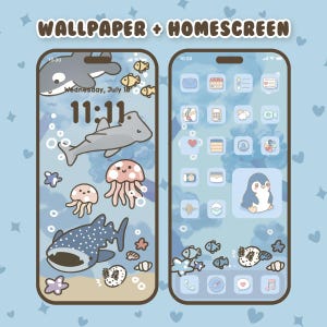 以下が含まれることがあります： 青と白の電話の壁紙とホーム画面のデザインで、漫画の海のテーマになっています。壁紙には、クジラ、サメ、クラゲ、ジンベイザメが描かれています。ホーム画面には、ペンギン、魚、コンパスが描かれています。