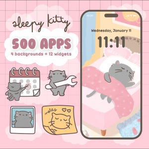 Icon Pack Cute Kawaii Aesthetic Icons - Sleepy Kitty - Grey and Pink Hand Drawn Apps with Widgets and Backgrounds for ios18 iPhone & Android