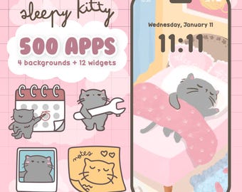 Icon Pack Cute Kawaii Aesthetic Icons - Sleepy Kitty - Grey and Pink Hand Drawn Apps with Widgets and Backgrounds for ios18 iPhone & Android