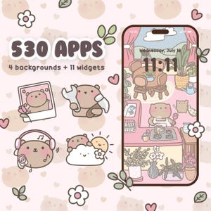 以下が含まれることがあります： かわいい漫画のクマのテーマの電話画面。電話画面には、11:11の時刻、7月18日水曜日の日付、そしてキッチンで料理をしている漫画のクマが表示されています。電話画面には、さまざまなポーズをとった他の漫画のクマも表示されています。画面には、「530 APPS」と「4つの背景+ 11個のウィジェット」というテキストが表示されています。