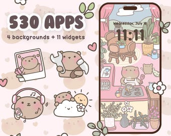 Peut inclure: Un écran de téléphone avec un thème d'ours en dessin animé mignon. L'écran du téléphone affiche une horloge avec l'heure 11h11, la date mercredi 18 juillet et un ours en dessin animé cuisinant dans une cuisine. L'écran du téléphone affiche également une variété d'autres ours en dessin animé dans différentes poses. Le texte "530 APPS" et "4 fonds d'écran + 11 widgets" est affiché à l'écran.