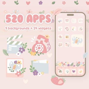 Icon Pack Cute Kawaii Aesthetic - Butterflies + Hearts - Pink Beige Hand Drawn Apps with Widgets, Backgrounds for iOS18 iPhone & Android