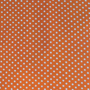 May include: A fabric featuring a repeating pattern of small, white polka dots evenly spaced across a vibrant orange background. The textile displays a consistent woven texture throughout, with the dots arranged in a uniform grid-like formation.