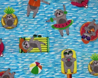 1 Full Yard FLOATING SLOTHS 100% Cotton Fabric Summer Swim Pool