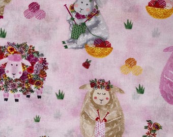 Fat Quarter 100% Cotton SHEEP KNITTING Fabric 18"X22" Lambs Wool Flowers