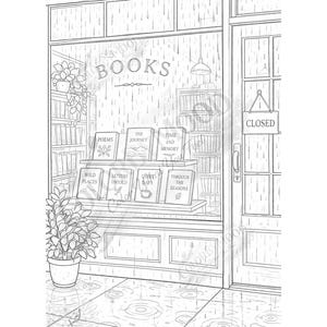 May include: Black and white illustration of a bookstore exterior with the word "BOOKS" above the window. Books are displayed in the window, and a "CLOSED" sign hangs on the door. Rain is falling, and a potted plant is in the foreground.