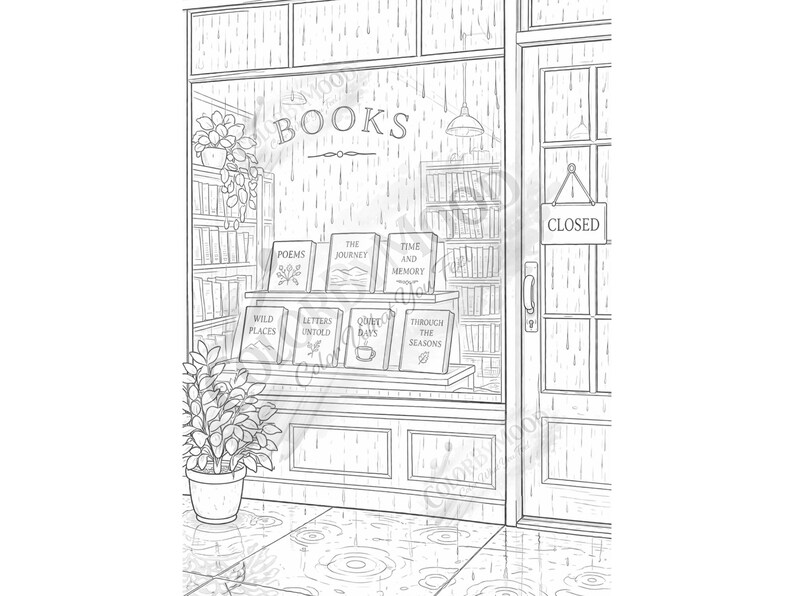 May include: Black and white illustration of a bookstore exterior with the word "BOOKS" above the window. Books are displayed in the window, and a "CLOSED" sign hangs on the door. Rain is falling, and a potted plant is in the foreground.