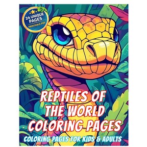 Könnte beinhalten: Ein farbenfrohes Malbuchcover mit einer stilisierten Illustration eines Schlangenkopfes. Die Schlange ist gelb mit blauen Augen, vor einem Hintergrund aus grünem Laub. Der Text lautet "Reptiles of the World Coloring Pages" und "Coloring Pages for Kids & Adults".