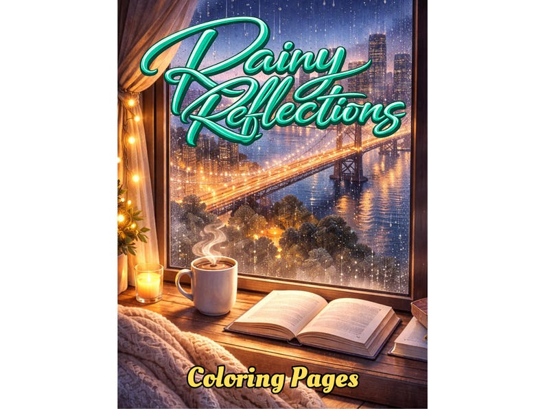 May include: Digital art of a cozy scene with a window overlooking a city bridge at night. A mug of coffee steams next to an open book. The text "Rainy Reflections Coloring Pages" is displayed.
