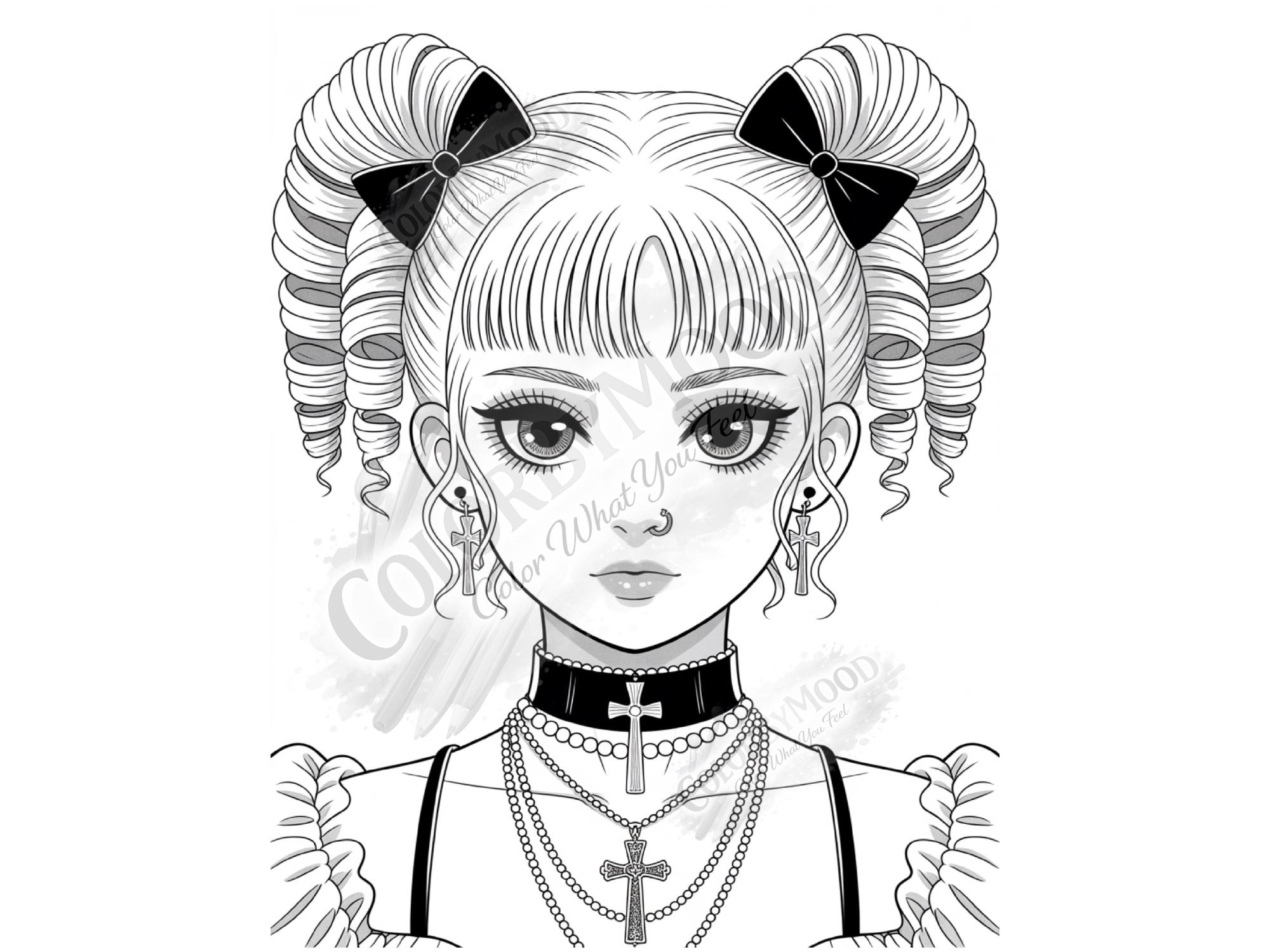 Anime Goth Girls Coloring Book PDF, Printable Dark Manga Art, Instant ...