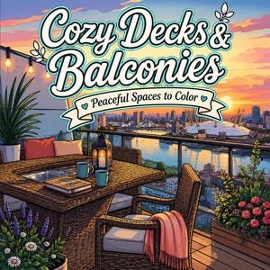 Puede incluir: Ilustración de la portada de un libro para colorear titulado "Cozy Decks & Balconies" con una vista panorámica del horizonte de una ciudad al atardecer. La imagen presenta muebles de exterior, plantas y el texto "Peaceful Spaces to Color".