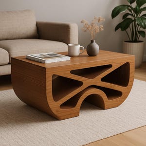 May include: A contemporary coffee table crafted from light brown wood, showcasing a distinctive geometric pattern. The table incorporates cut-out shapes and a curved base. A white mug, a small vase, and a book are placed on the table's surface. The table sits on a light-coloured rug.