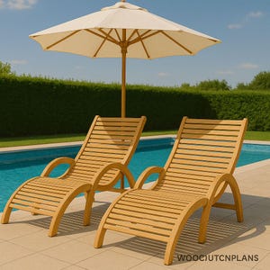 May include: Two wooden chaise lounges with curved armrests and slatted backs sit on a patio next to a pool. A beige umbrella provides shade. The furniture is made of light-colored wood.