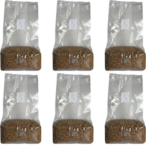 May include: Six clear plastic bags filled with brown and white grains. The bags are sealed and have a white label on the front.