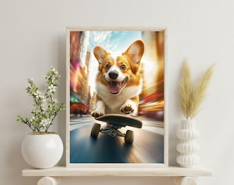 Corgi Skateboard Art Print | Funny Dog Wall Decor (Digital Download)