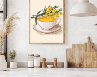 Mimosa Tea Cup Art Print | Kitchen Wall Decor (Digital Download)