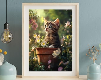 Kitten in Flower Pot Print | Cat Wall Art (Digital Download)