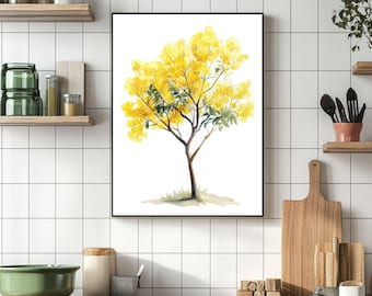 Golden Mimosa Tree Watercolor Print | Elegant Botanical Wall Art (Digital Download)