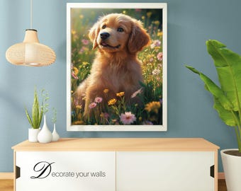 Golden Retriever Puppy Print | Floral Dog Wall Art (Digital Download)