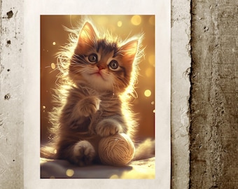 Playful Kitten Art Print | Golden Cat Portrait (Digital Download)