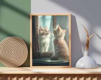 Kitten Mirror Reflection Art Print | Playful Cat Portrait (Digital Download)