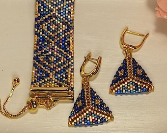 Set di gioielli geometrici oro e blu, bracciale con perline Miyuki Delica e orecchini a triangolo, cobalto DB165 oro DB1832, acciaio inossidabile, regalo per lei