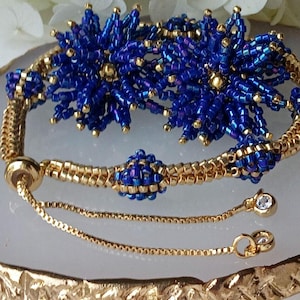 Cobalt Blue Starburst" Beaded Stud Earrings & Slider Bracelet Set, 3D Woven Flower Jewelry, Miyuki Delica 18K Gold Plated Gift