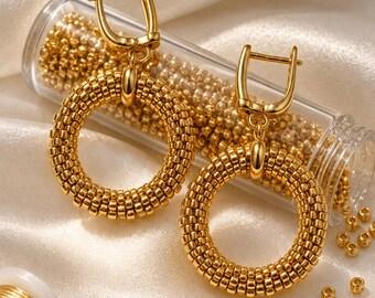 Gold Beaded Hoop Earrings, Round Japanese Toho Seed Bead Earrings, Geometric Gold Circle Dangle Earrings, Minimalist Gift for Her, 2cm