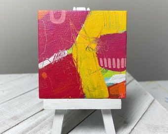 Small Abstract Art Painting, Colorful Abstract Art, Acrylic Painting with Easel, Mini Canvas Art with Easel, Lines and Colors Art, 3x3