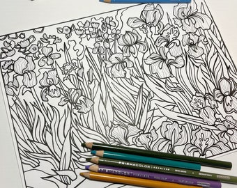 Vincent Van Gogh Irises Printable Coloring Page, Adult Coloring, Classic Artwork Coloring, Handdrawn Coloring Page, Floral Coloring Page