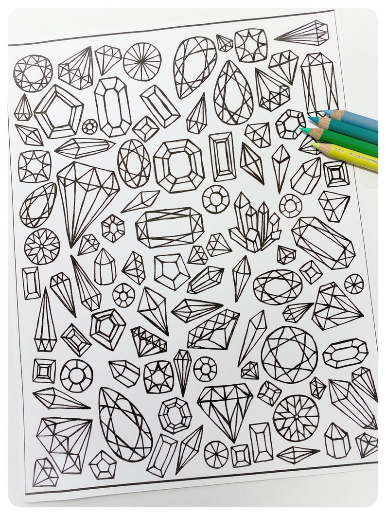 Gemstones Printable Coloring Page, Crystals and Gemstones Line Art Design, Digital Download, Adult Coloring, Handdrawn Crystal Coloring Page image 4