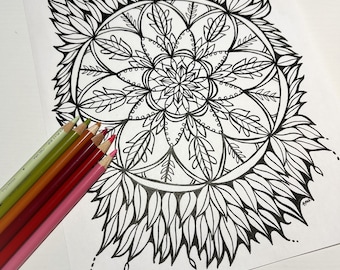 Mandala Printable Coloring Page, Mandala Design Coloring, Digital Download, Adult Coloring, Mandala and Feathers Coloring Page, Hand Drawn