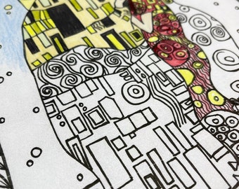 Gustav Klimt The Kiss Printable Coloring Page, Adult Coloring Page, Classic Artwork Coloring, Handdrawn Coloring Page, Digital Download