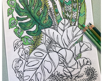 Tropical Foliage Printable Coloring Page, Leafy Plants Coloring Design, Digital Download, Adult Coloring, Botanicals Coloring Page