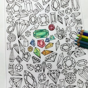 Gemstones Printable Coloring Page, Crystals and Gemstones Line Art Design, Digital Download, Adult Coloring, Handdrawn Crystal Coloring Page image 1