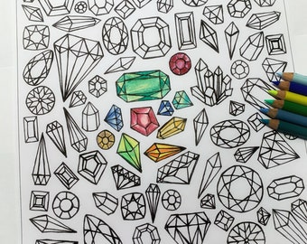 Gemstones Printable Coloring Page, Crystals and Gemstones Line Art Design, Digital Download, Adult Coloring, Handdrawn Crystal Coloring Page