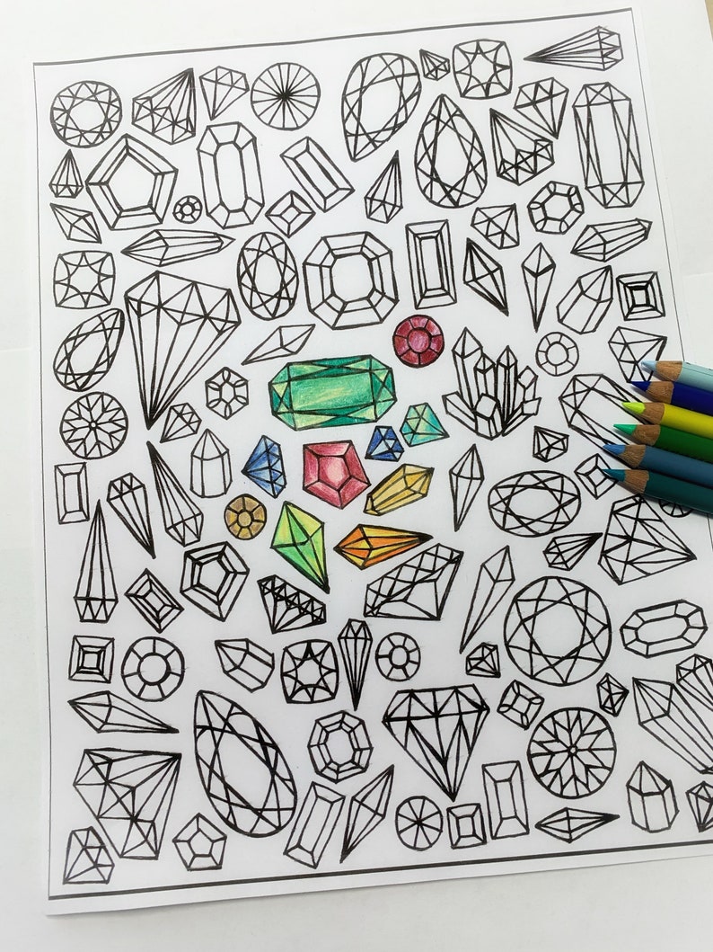 Gemstones Printable Coloring Page, Crystals and Gemstones Line Art Design, Digital Download, Adult Coloring, Handdrawn Crystal Coloring Page image 1