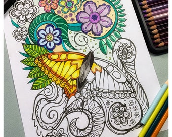 Butterfly Printable Coloring Page, Adult Coloring Page, Teen Coloring Page, Digital Download Floral Design Color Page, Hand Drawn Coloring