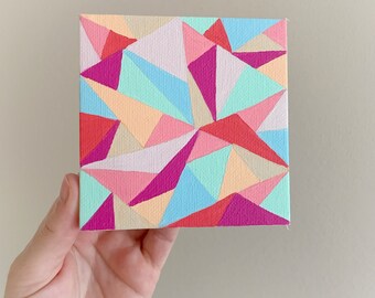 Small Abstract Art Painting, Acrylic Painting with Easel, Mini Canvas Art with Easel, Colorful Geometric Art, Lines and Colors Art, 4x4