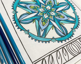 Mandala Printable Coloring Page, Mandala Design Coloring, Digital Download, Adult Coloring, Mandala with Border Coloring Page, Hand Drawn